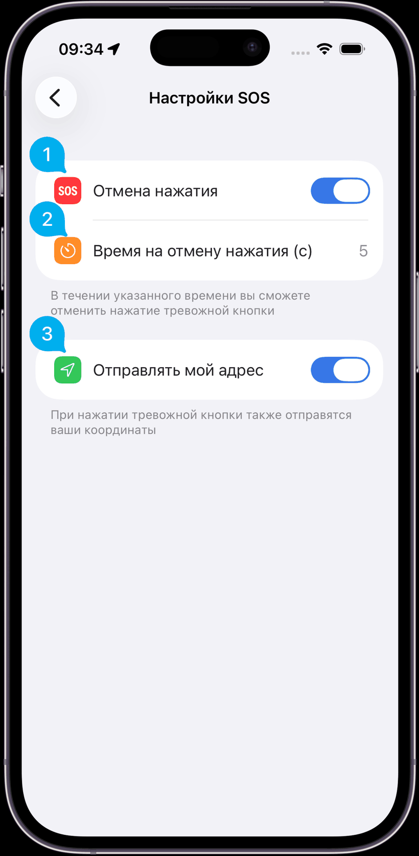 Экран настроек кнопки SOS
